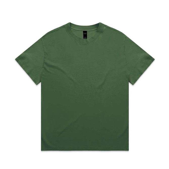 A green, heavy faded tee shirt with a classic crew neck design and a branding logo on the label.