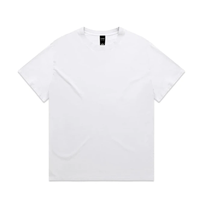 A white t-shirt featuring a relaxed fit and short sleeves. The design includes a logo at the neck.