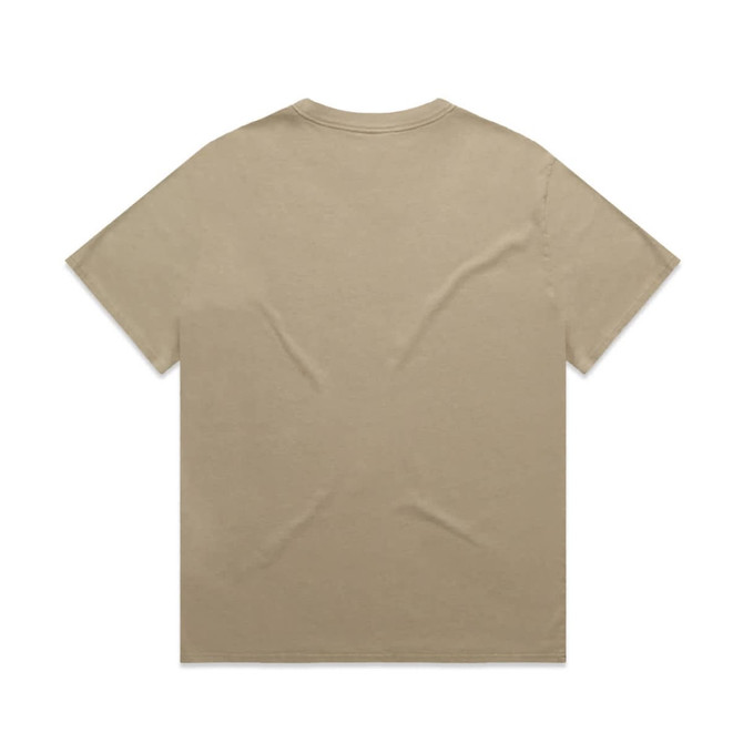 A faded beige t-shirt with short sleeves and a back view, featuring a logo.