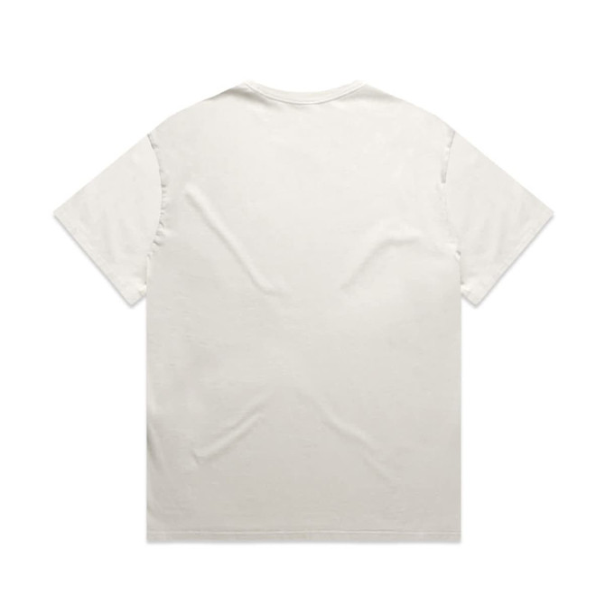 A plain light-coloured heavy faded tee with short sleeves and a relaxed fit, featuring a logo.