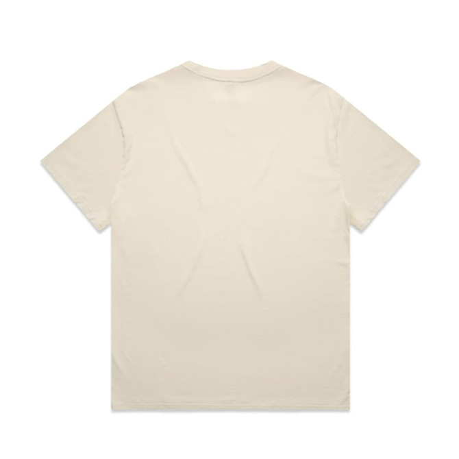 A light beige t-shirt with a relaxed fit, featuring a simple design and a logo on the front.