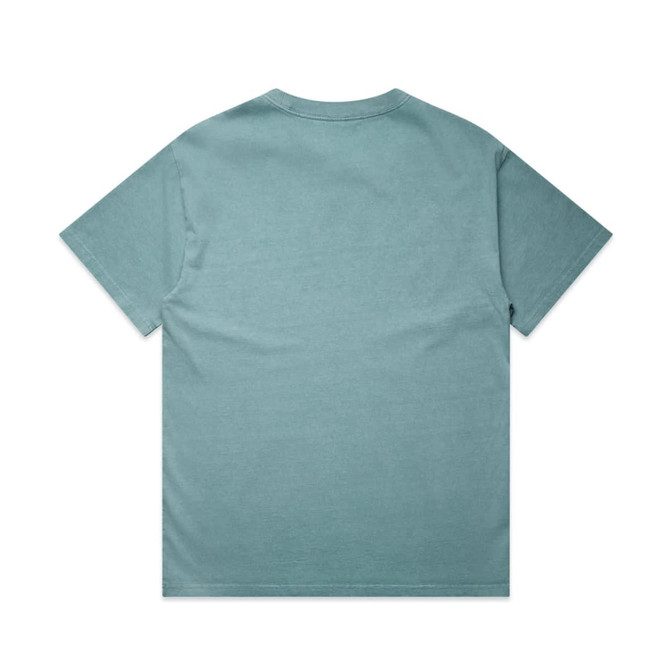 A faded teal T-shirt with short sleeves and a plain back, featuring a logo.
