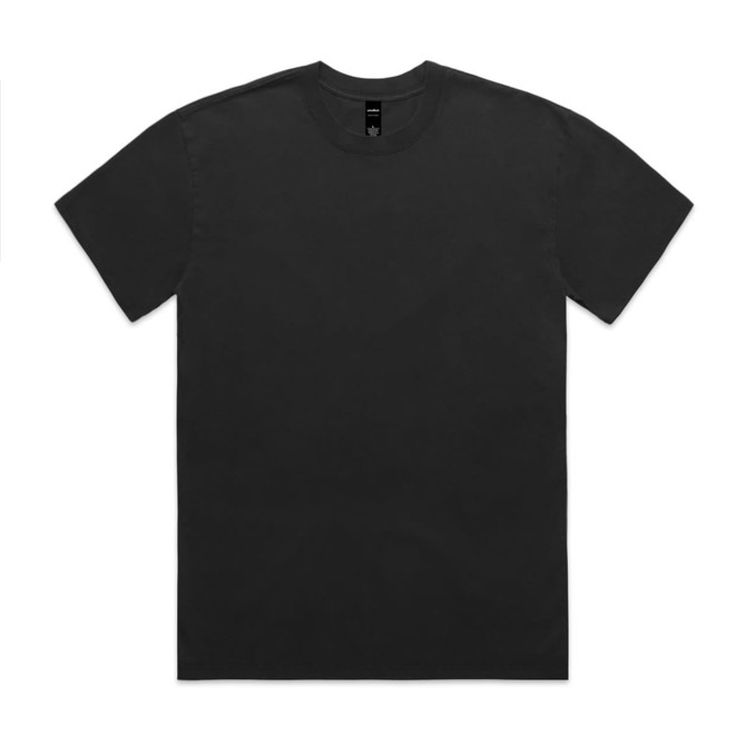 A black heavy faded tee shirt with a round neckline and short sleeves. It features a logo.