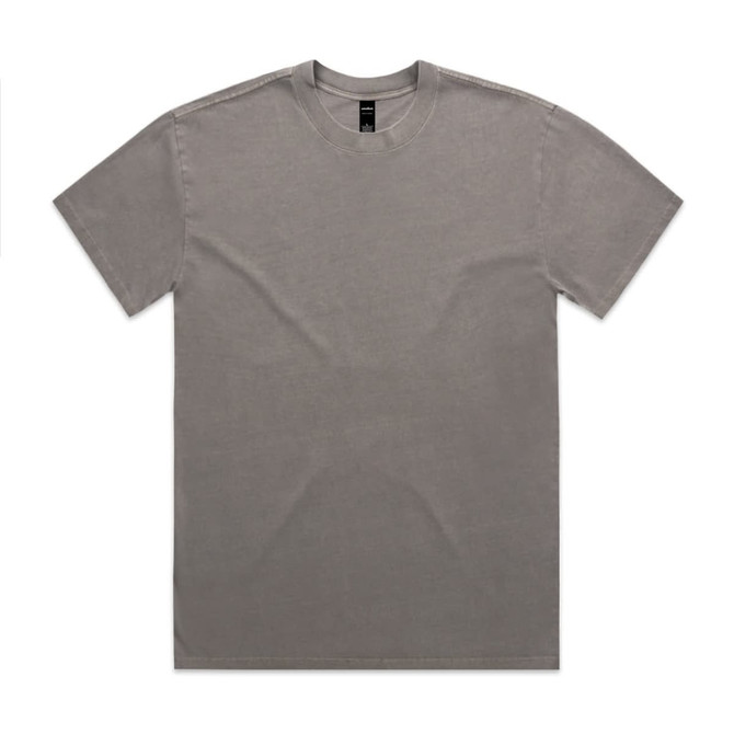 A faded grey t-shirt with a classic crew neck and short sleeves, featuring a logo.