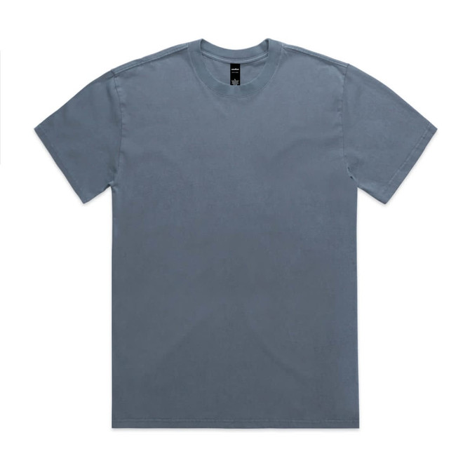 A heavy faded tee in a muted blue-grey colour with a round neck and short sleeves. It features a logo tag.