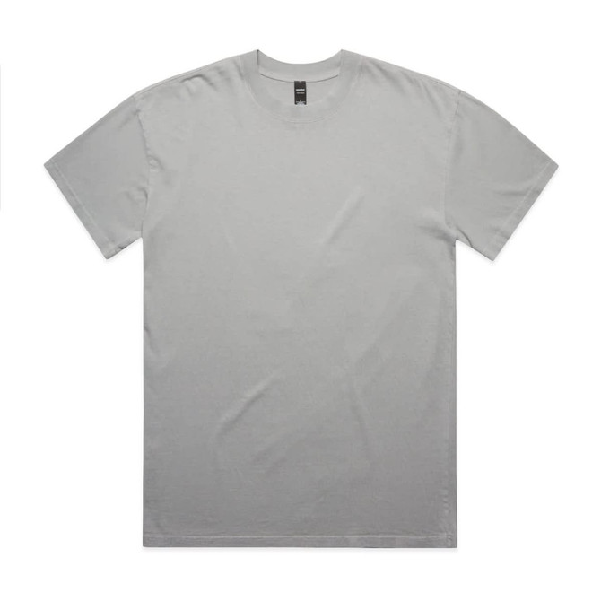 A grey heavy faded t-shirt is displayed flat, featuring a round neckline and short sleeves. It has a logo tag.