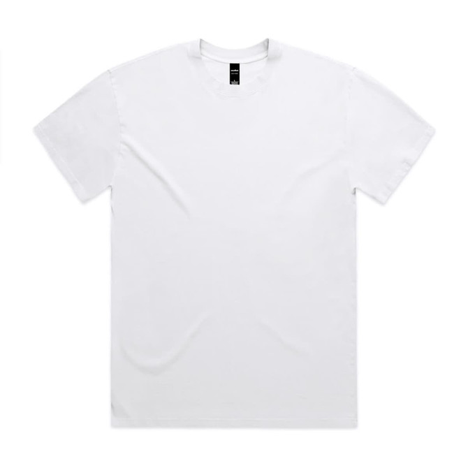 A white T-shirt featuring a simple design and a logo on the neck label.