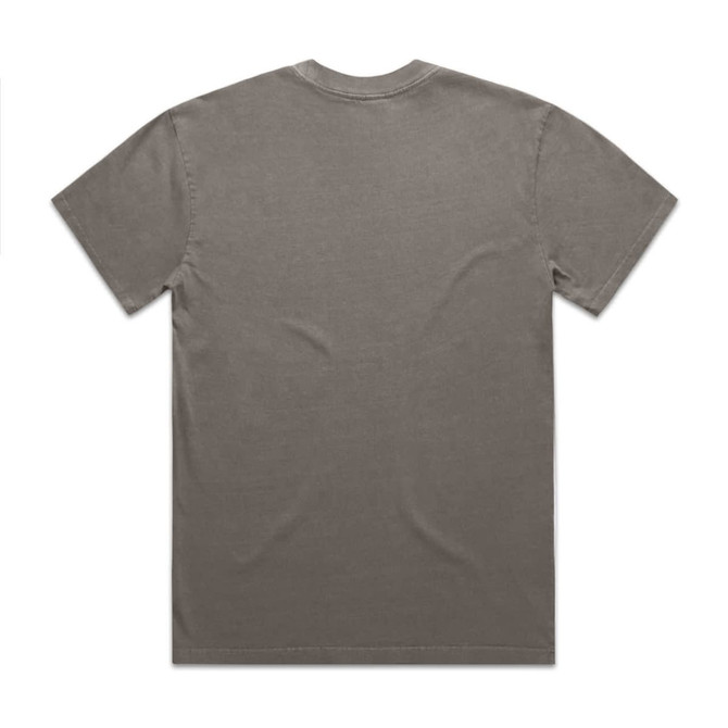 A faded olive green t-shirt with a simple design and a visible logo on the back.