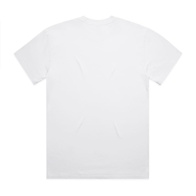 A white heavy faded T-shirt with a plain back, featuring a subtle texture. It has a logo at the neckline.