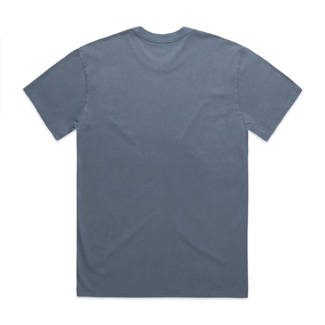 A faded blue t-shirt featuring a crew neck and short sleeves, with a logo on the back.