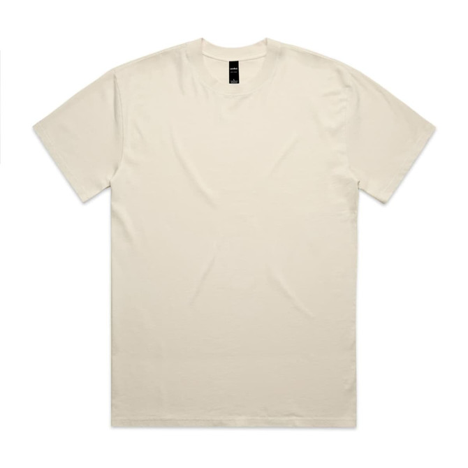A cream-coloured heavy faded tee with a v-neck design and short sleeves. The shirt has a logo near the neckline.
