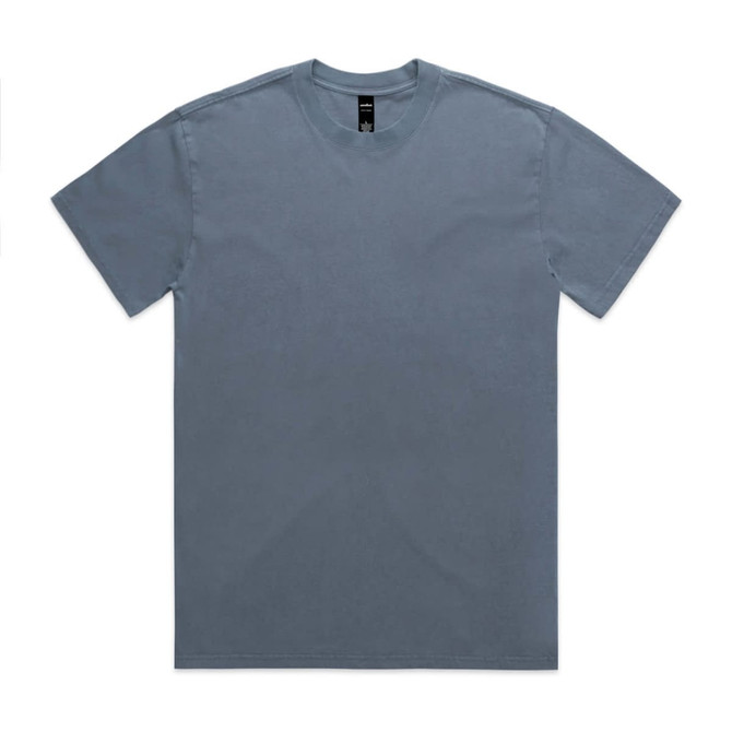 A heavy faded tee in a soft blue colour, featuring a rounded neck and short sleeves. It has a logo on the label.