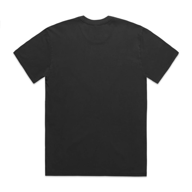 A black T-shirt featuring a simple design and a logo. It has a relaxed fit and a classic crew neck.