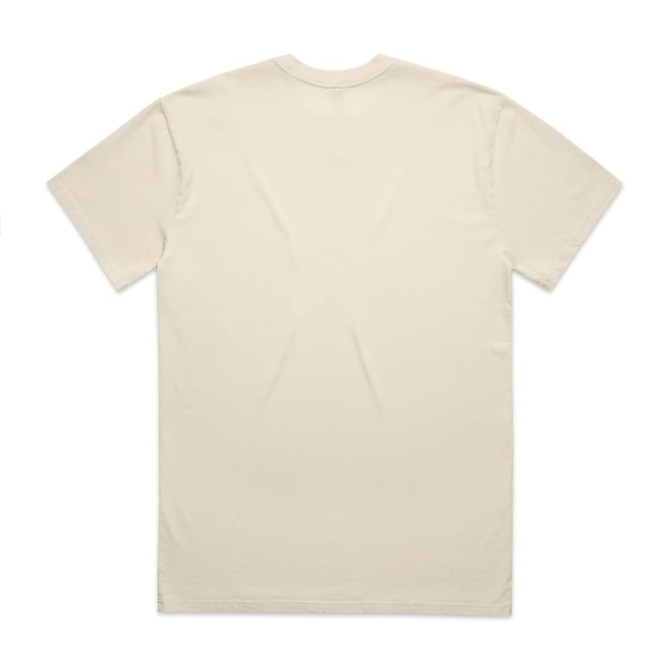 A plain beige t-shirt in a soft, faded fabric, featuring a logo on the back.