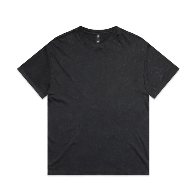 A black stone wash heavy tee with a relaxed fit, featuring a labelled neckline.