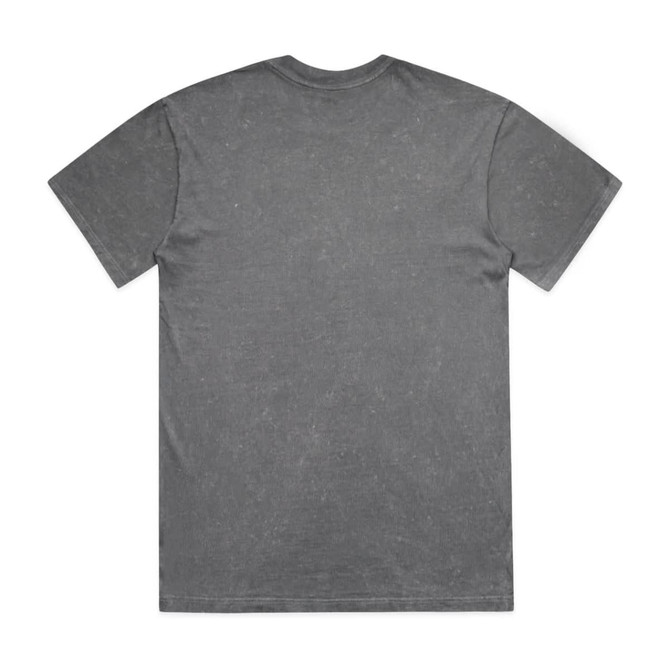 A grey stone wash heavy tee with a relaxed fit, featuring a logo on the back.