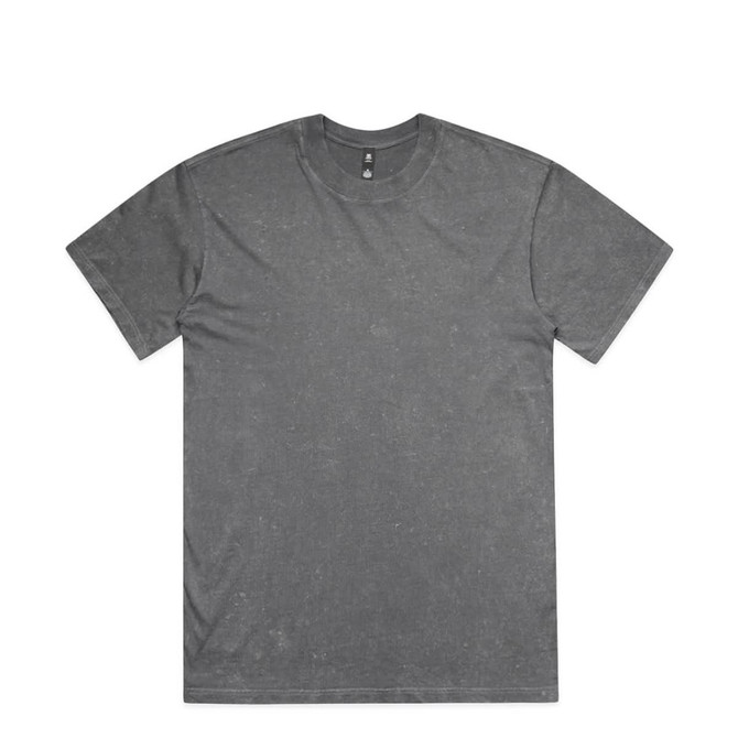 A grey heavy t-shirt with a round neck and short sleeves, featuring a logo in the collar area.