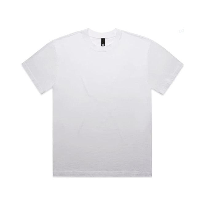 A white T-shirt with a standard fit, featuring short sleeves and a logo on the label.