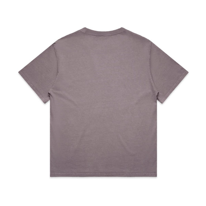 A heavy faded purple t-shirt with short sleeves and a plain back, featuring a logo.