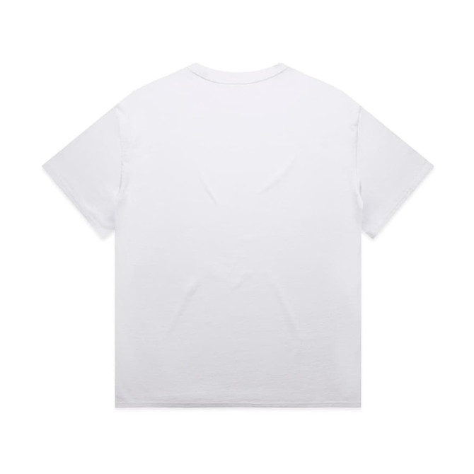 A heavy white t-shirt with short sleeves and a plain back, featuring a logo.