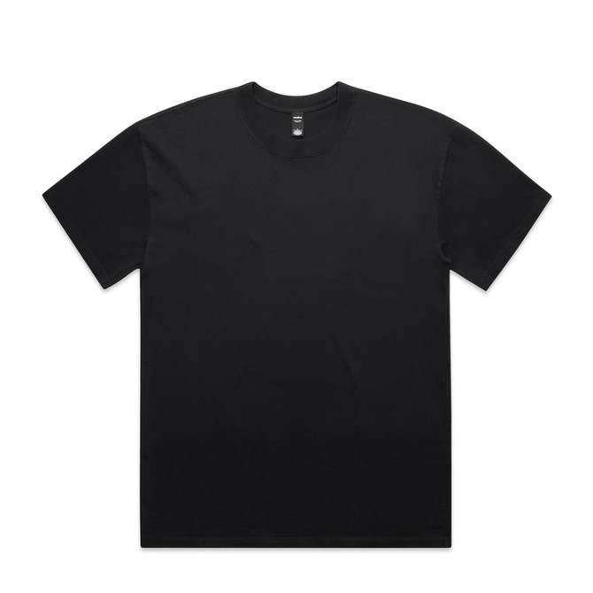 A black t-shirt with a relaxed fit and a round neckline, featuring a logo on the label.