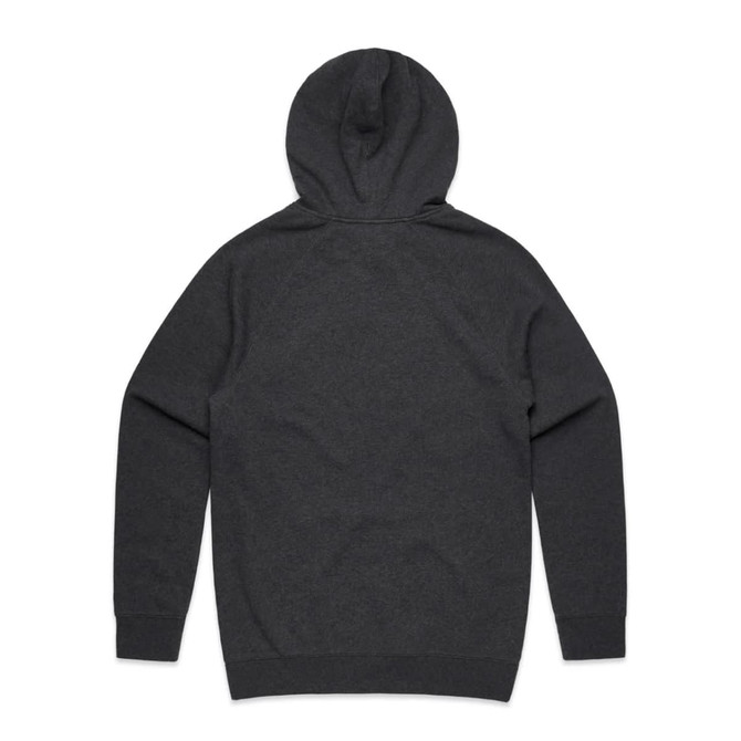 A dark grey hoodie featuring a large hood and long sleeves, with a plain back and ribbed cuffs.