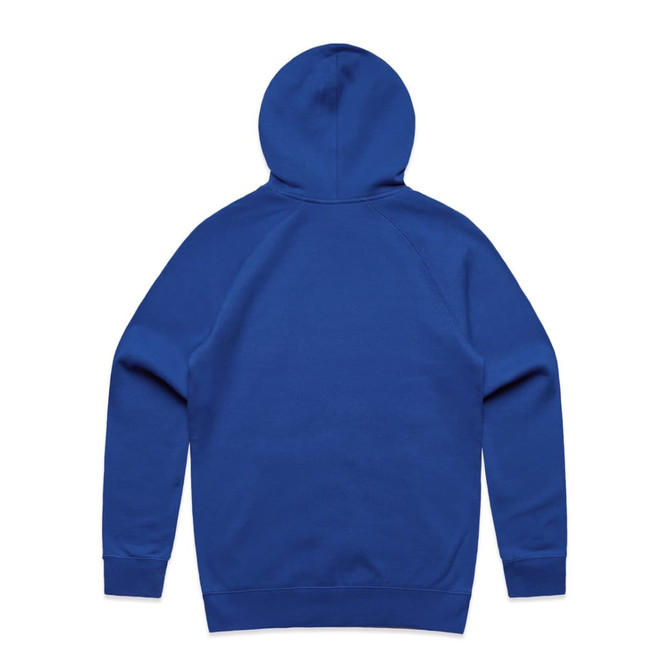 A blue hoodie with a hood and long sleeves, featuring a plain back and no visible logos or branding.