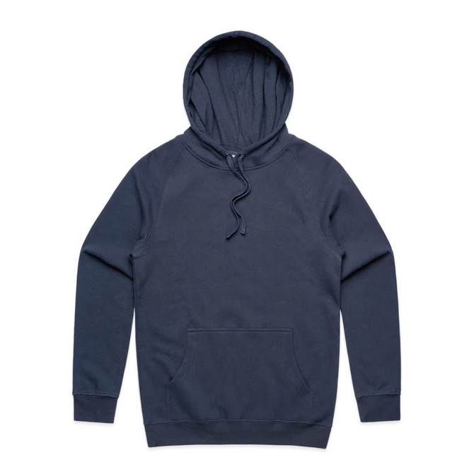 A navy blue hoodie featuring a front pocket and a drawstring hood, with a logo present.