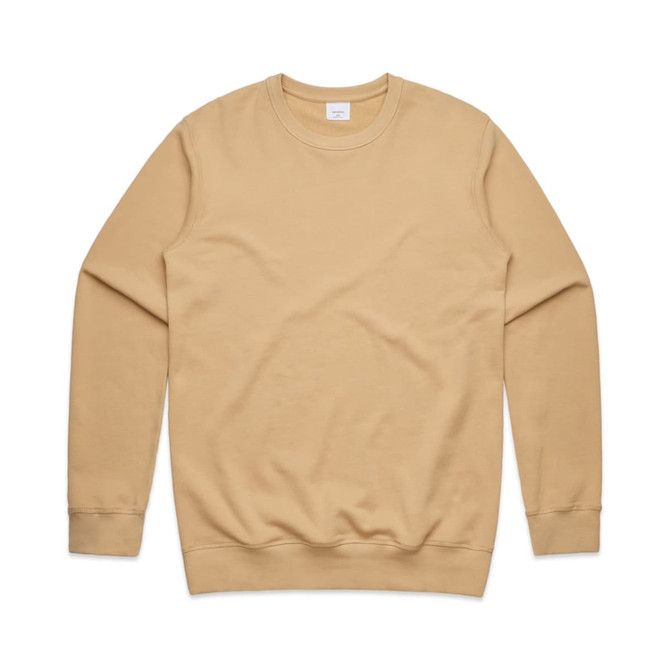 A beige crew jumper with long sleeves and a round neckline. It features a subtle logo. A beige crew jumper with long sleeves and a round neckline. It features a subtle logo.