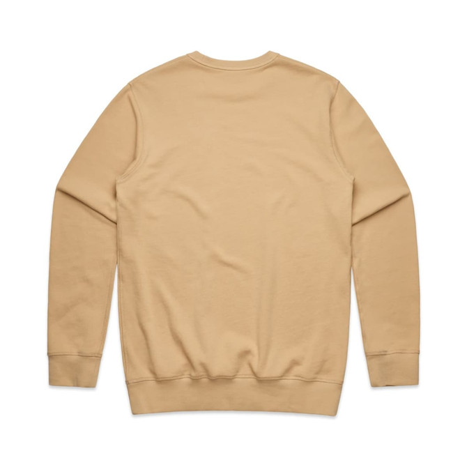 A beige premium crew sweatshirt with long sleeves and a round neckline. It has a plain back without any branding. A beige premium crew sweatshirt with long sleeves and a round neckline. It has a plain back without any branding.