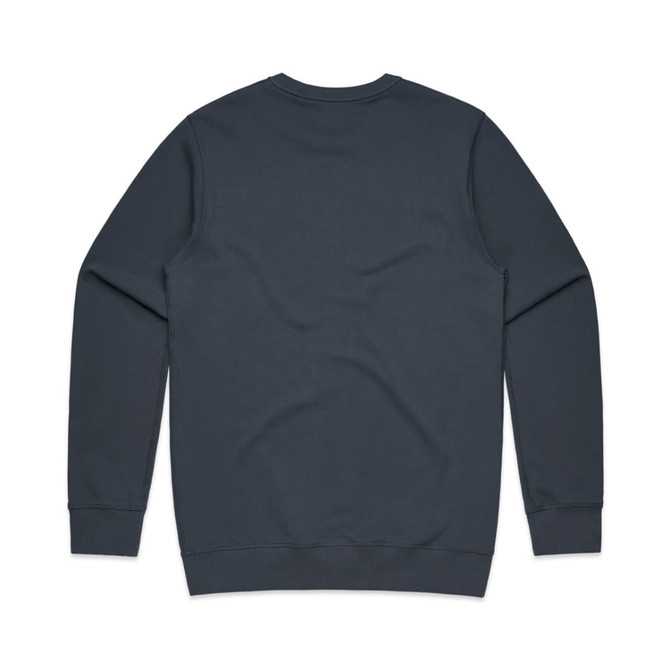 A dark blue crew neck jumper featuring long sleeves and a plain back design. It includes a branding logo. A dark blue crew neck jumper featuring long sleeves and a plain back design. It includes a branding logo.