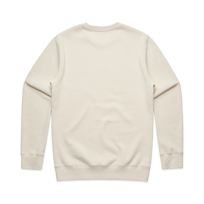 A cream-coloured sweater with long sleeves and a plain back. It features a logo on the garment. A cream-coloured sweater with long sleeves and a plain back. It features a logo on the garment.