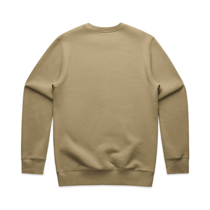 A khaki jumper sweater with long sleeves and a crew neckline, featuring a plain back and ribbed cuffs. A khaki jumper sweater with long sleeves and a crew neckline, featuring a plain back and ribbed cuffs.