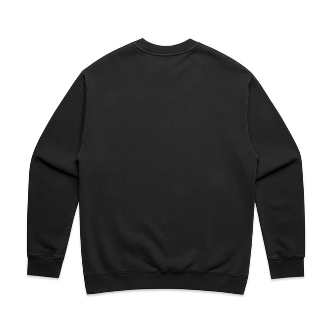 A black crew jumper with a simple design and a logo on the back. Suitable for casual wear.