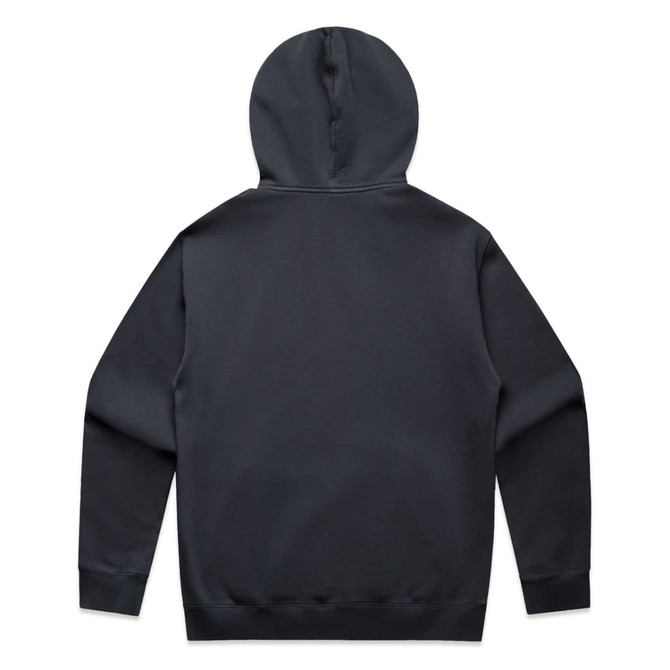 A black hoodie with a hood, featuring a simple design on the back and a branding logo.