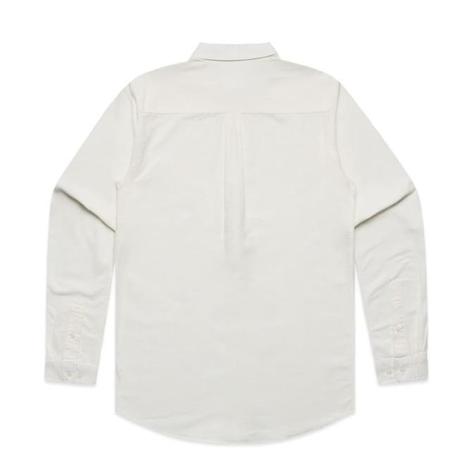 A light beige Oxford shirt with a back pleat and long sleeves, featuring buttoned cuffs and a collar.