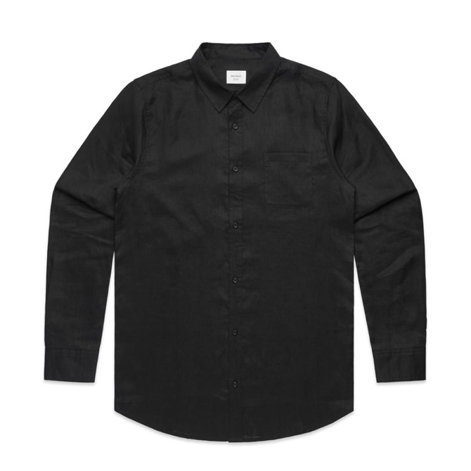 A black linen shirt with long sleeves, a button-down front, and a single chest pocket. It features a logo tag.