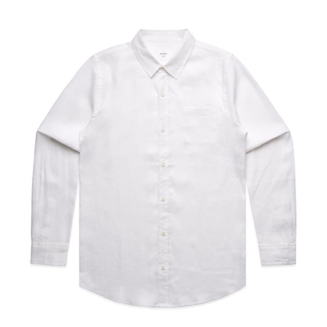 A white linen button-up shirt with long sleeves and a single chest pocket. The shirt features a collar and is neatly buttoned.