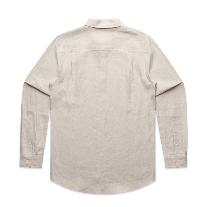 A linen shirt in a light beige colour with long sleeves and a collar, featuring a logo on the fabric.