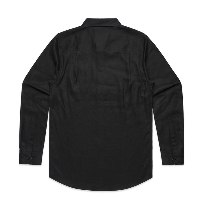 A black linen button-up shirt featuring a back yoke and long sleeves. The shirt has a logo on the label.