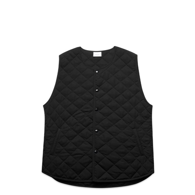 A quilted black vest with a round neckline and snap-button closure, featuring a minimalist design.