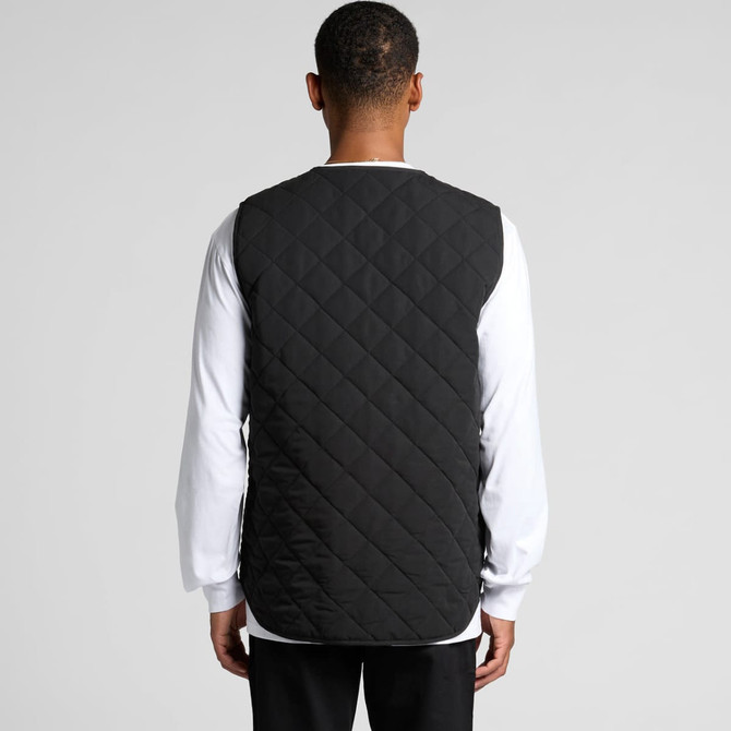 A black quilted vest displayed from the back, featuring a simple design and a logo.