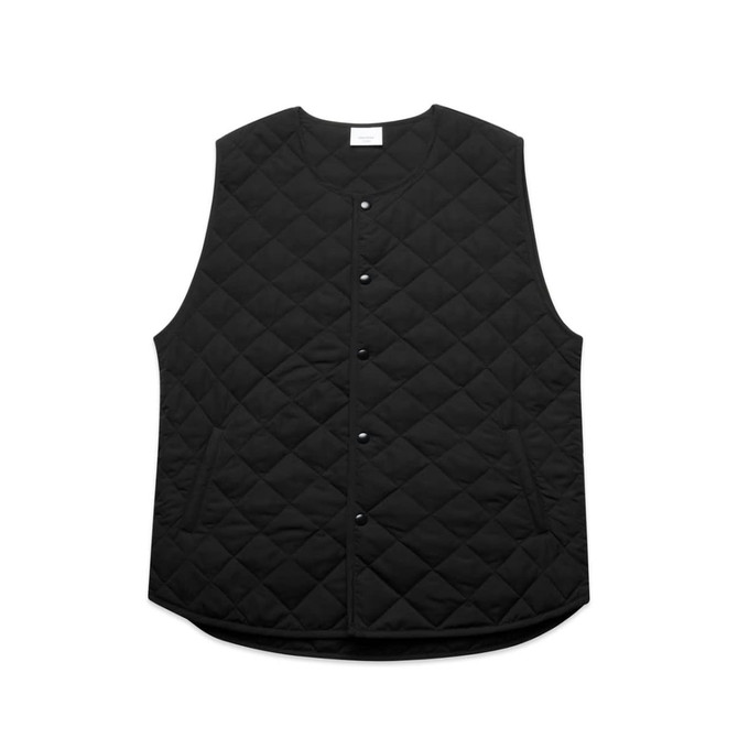 A black quilted vest with a button closure and side pockets, featuring a simple design and a logo.