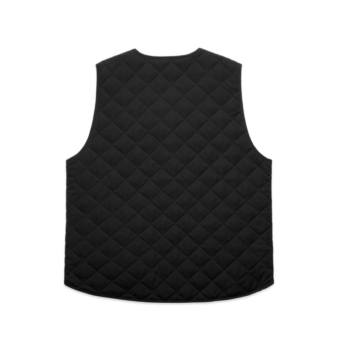 A black quilted vest with a diamond pattern, featuring no sleeves and a curved hemline, and a logo on the back.