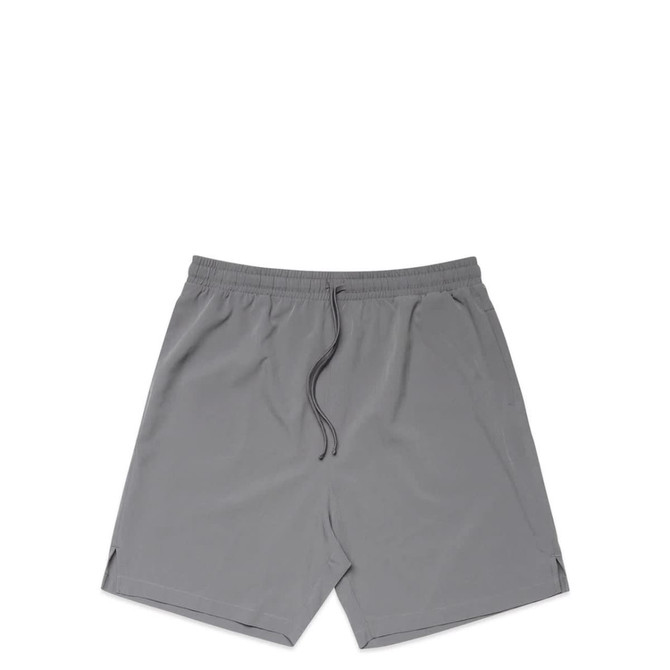 Active shorts in a light grey colour with an elastic waistband and drawstring. Features a logo on the hem.