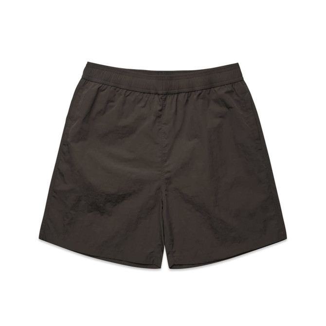 Dark brown swim shorts with an elastic waistband, featuring a logo on the waistband.