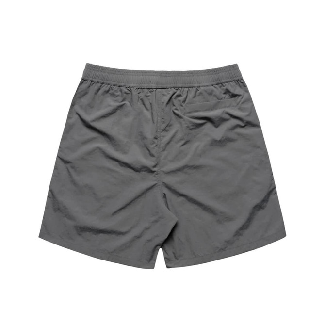 A pair of grey swim shorts with an elastic waistband and a simple design. Features a logo on the back.