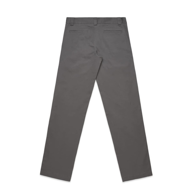 A pair of grey regular pants, featuring a simple design with back pockets and a waistband.