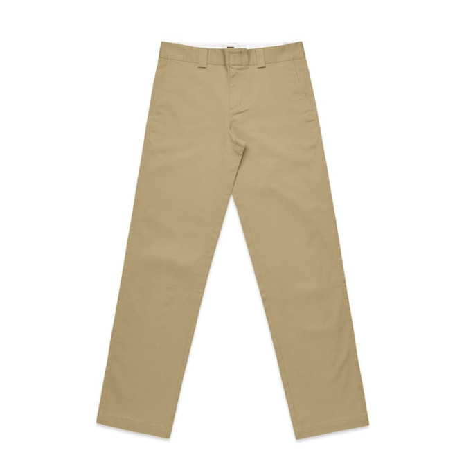 Beige slacks with a straight leg cut, featuring a waistband and belt loops. Includes a logo on the waistband.