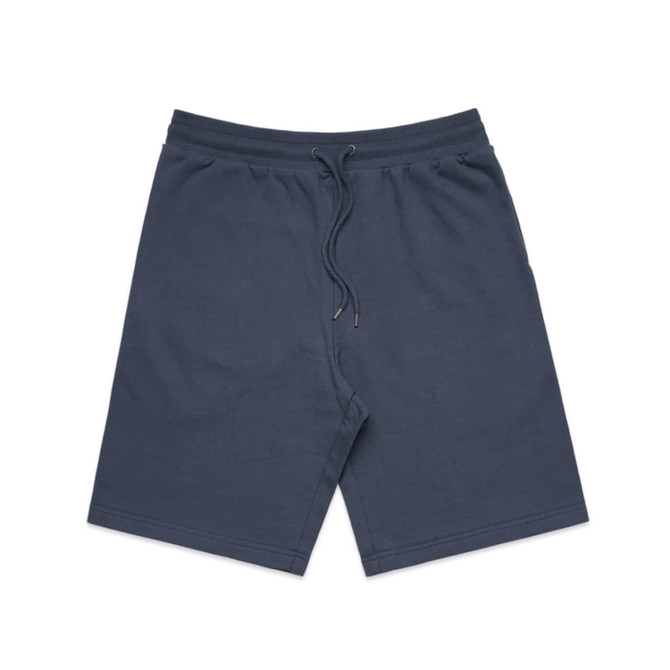Navy sports shorts featuring an elastic waistband with drawstring and a logo.